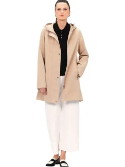 Parka beige unie droite à capuche avec poches et fermeture zip et pression