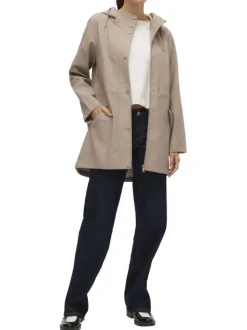 Parka à capuche beige unie à coupe droite resserrée à la taille