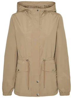 Parka à capuche courte beige unie à coupe droite avec un cordon à la taille