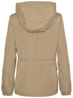 Parka à capuche courte beige unie à coupe droite avec un cordon à la taille