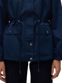 Parka à capuche courte marine unie à coupe droite avec un cordon à la taille