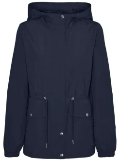Parka à capuche courte marine unie à coupe droite avec un cordon à la taille