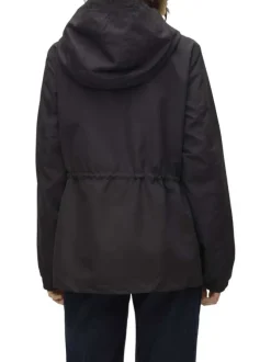 Parka à capuche courte noire unie à coupe droite avec un cordon à la taille