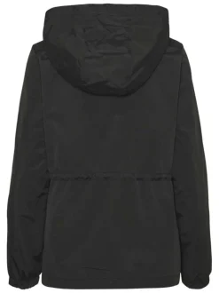 Parka à capuche courte noire unie à coupe droite avec un cordon à la taille