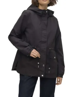 Parka à capuche courte noire unie à coupe droite avec un cordon à la taille