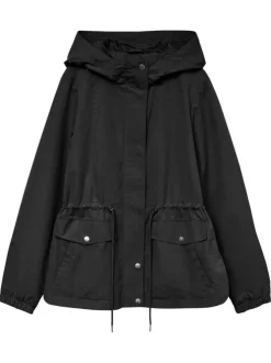 Parka à capuche courte noire unie à coupe droite avec un cordon à la taille