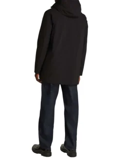 Parka à capuche noire unie avec une coupe mi-longue et des poches