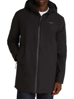 Parka à capuche noire unie avec une coupe mi-longue et des poches