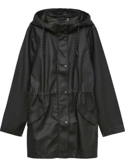 Parka à capuche noire unie à coupe droite resserrée à la taille