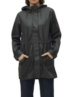 Parka à capuche noire unie à coupe droite resserrée à la taille