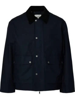 Parka en coton biologique marine uni avec une coupe ajustée et un col à revers
