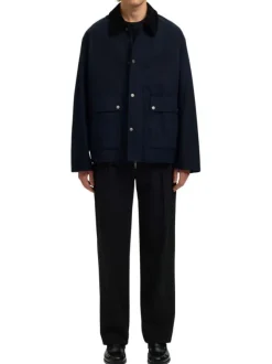 Parka en coton biologique marine uni avec une coupe ajustée et un col à revers