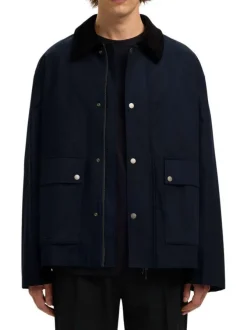 Parka en coton biologique marine uni avec une coupe ajustée et un col à revers