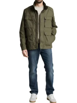 Parka en coton kaki uni avec une coupe droite et des poches plaquées à l'avant