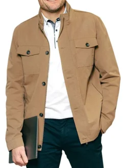 Parka en coton taupe unie avec une coupe droite et un col montant