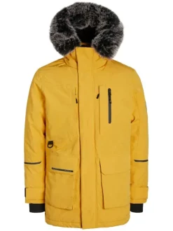 Parka jaune unie coupe droite avec col à capuche et fourrure grise