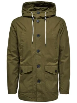 Parka kaki unie en coton coupe droite boutonnée