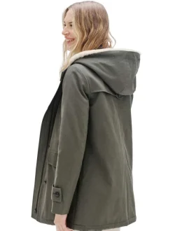 Parka longue en coton kaki unie à coupe droite et col à capuche fourrée
