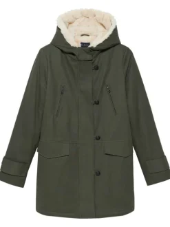 Parka longue en coton kaki unie à coupe droite et col à capuche fourrée