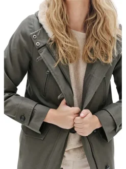 Parka longue en coton kaki unie à coupe droite et col à capuche fourrée