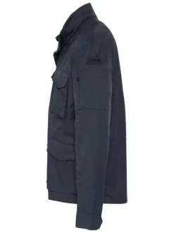Parka marine à coupe droite pourvue d'un col montant à boutons pression