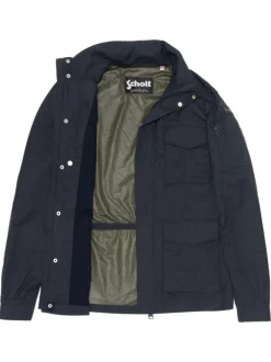 Parka marine à coupe droite pourvue d'un col montant à boutons pression