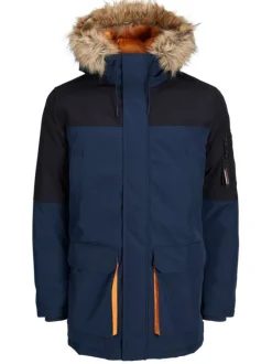 Parka marine et noire avec une coupe droite et une capuche à fourrure