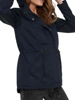 Parka marine unie coupe droite avec un col à capuche et poches latérales