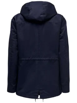 Parka marine unie coupe droite avec un col à capuche et poches latérales