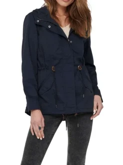 Parka marine unie coupe droite avec un col à capuche et poches latérales