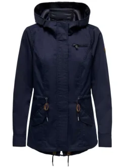 Parka marine unie coupe droite avec un col à capuche et poches latérales