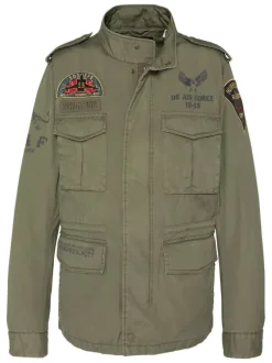 Parka militaire en coton kaki pourvue d'un col montant à boutons pression