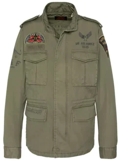 Parka militaire en coton kaki pourvue d'un col montant à boutons pression
