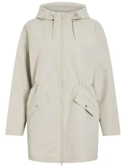 Parka taupe uni avec une coupe droite à col à capuche et une fermeture zippée