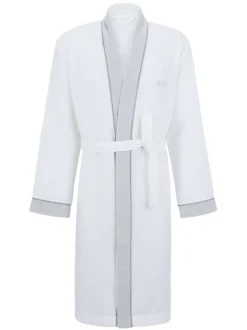 Peignoir blanc en coton tissu effet nid-d’abeilles et ceinture à nouer devant