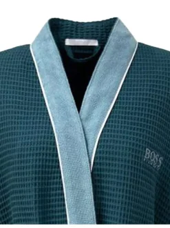 Peignoir bleu canard en coton tissu effet nid d'abeille avec une ceinture à nouer