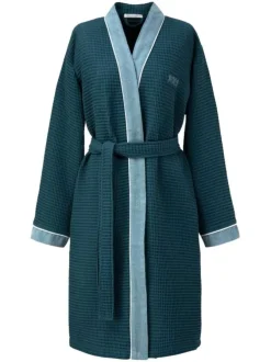Peignoir bleu canard en coton tissu effet nid d'abeille avec une ceinture à nouer