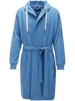 Peignoir à capuche bleue en coton mélangé avec liseré blancs et ceinture ton sur ton