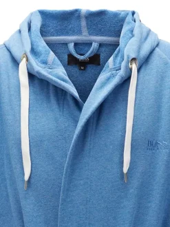 Peignoir à capuche bleue en coton mélangé avec liseré blancs et ceinture ton sur ton
