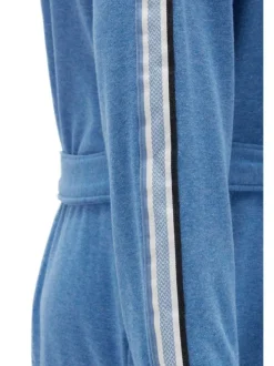 Peignoir à capuche bleue en coton mélangé avec liseré blancs et ceinture ton sur ton