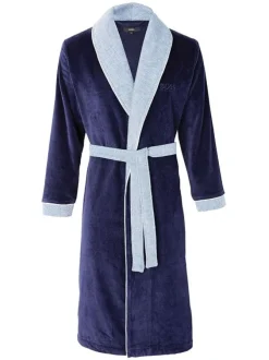 Peignoir d'intérieur bleu marine en velours avec un col châle et deux poches latérales