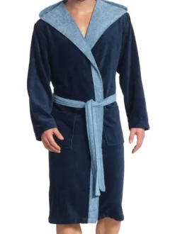 Peignoir d'intérieur bleu marine en velours avec un col châle et deux poches latérales