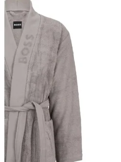 Peignoir en coton anthracite uni coupe droite col cache-coeur