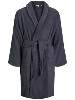 Peignoir en coton biologique anthracite uni à col châle avec ceinture et poches