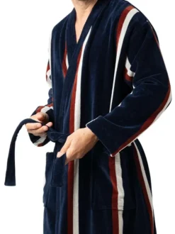 Peignoir en coton bleu marine rayé avec des poches et une ceinture