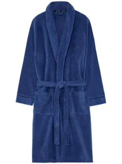 Peignoir en coton bleu uni avec une coupe droite et un col châle