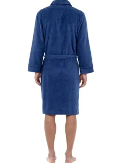 Peignoir en coton bleu uni avec une coupe droite et un col châle