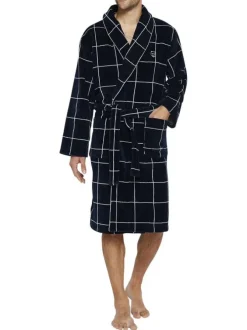 Peignoir en coton marine à carreaux avec une coupe droite et un col châle