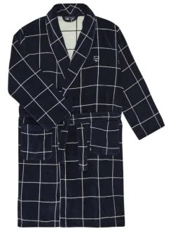 Peignoir en coton marine à carreaux avec une coupe droite et un col châle