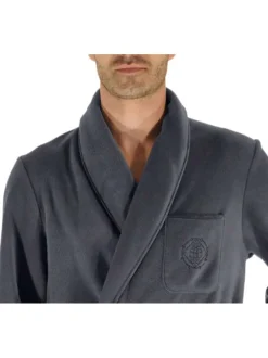 Peignoir gris anthracite mi-long avec ceinture et poche à logo brodé à manches longues